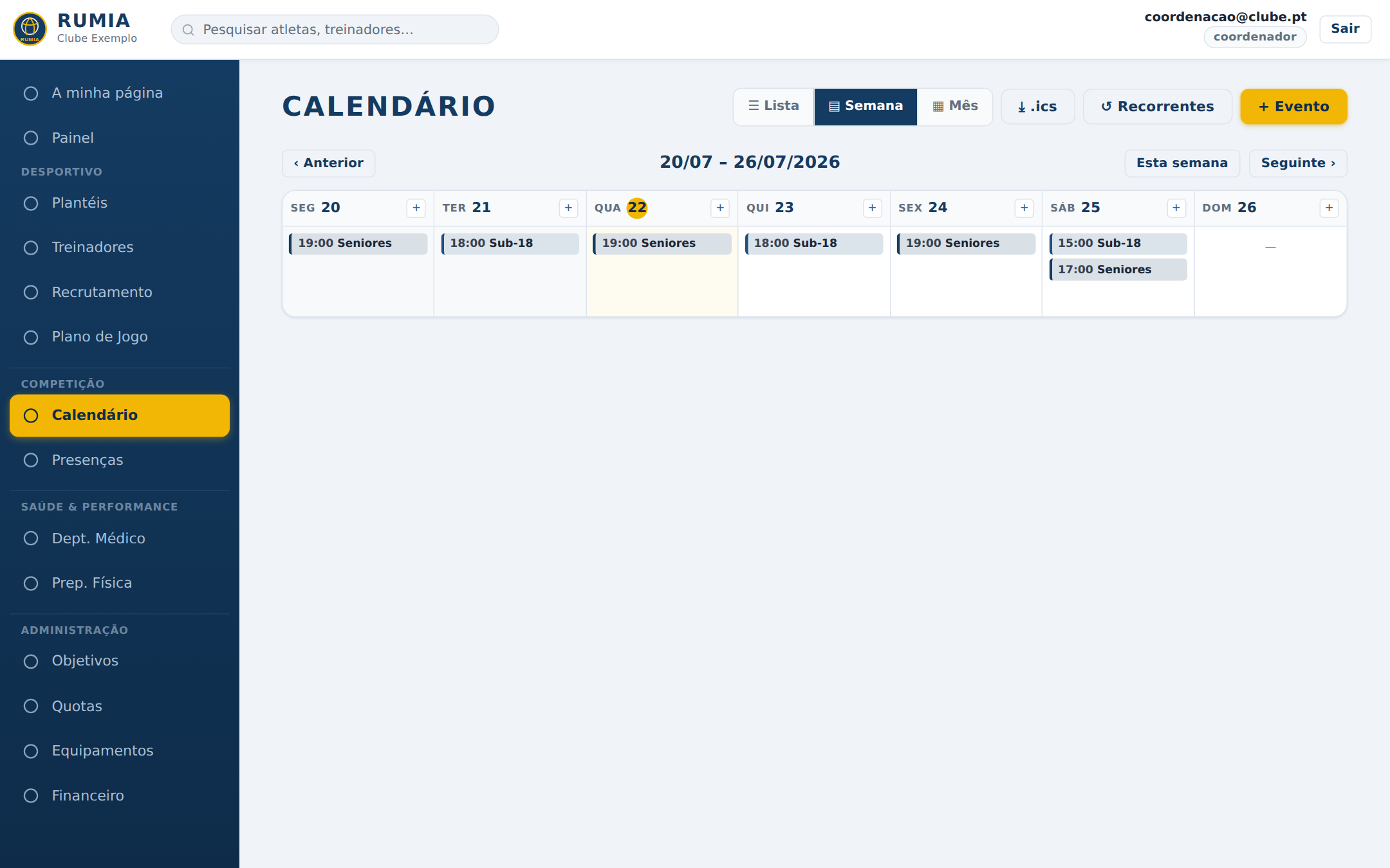 Calendário em vista de semana com treinos e jogos por equipa.