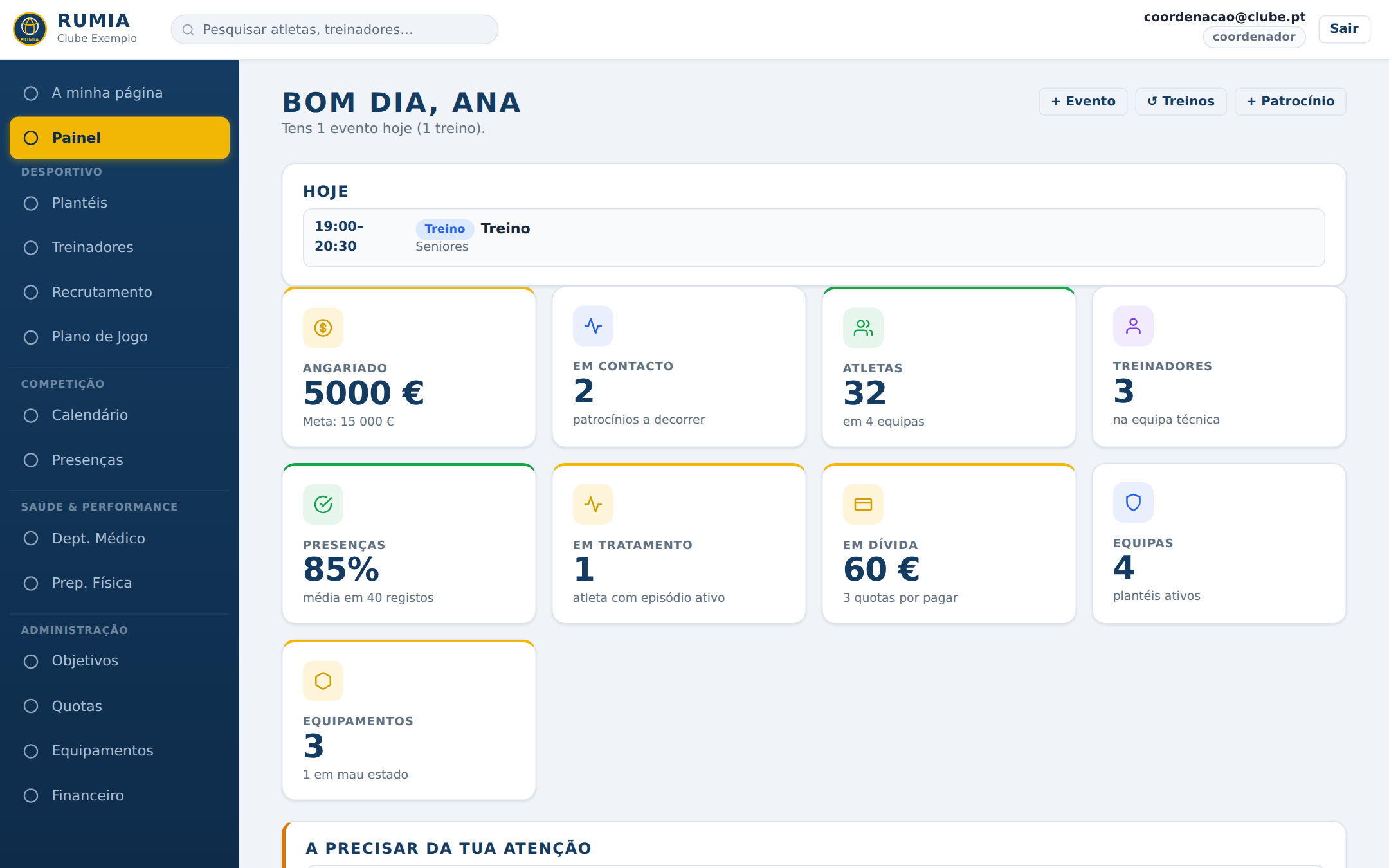 Painel do clube: eventos de hoje e indicadores de gestão.