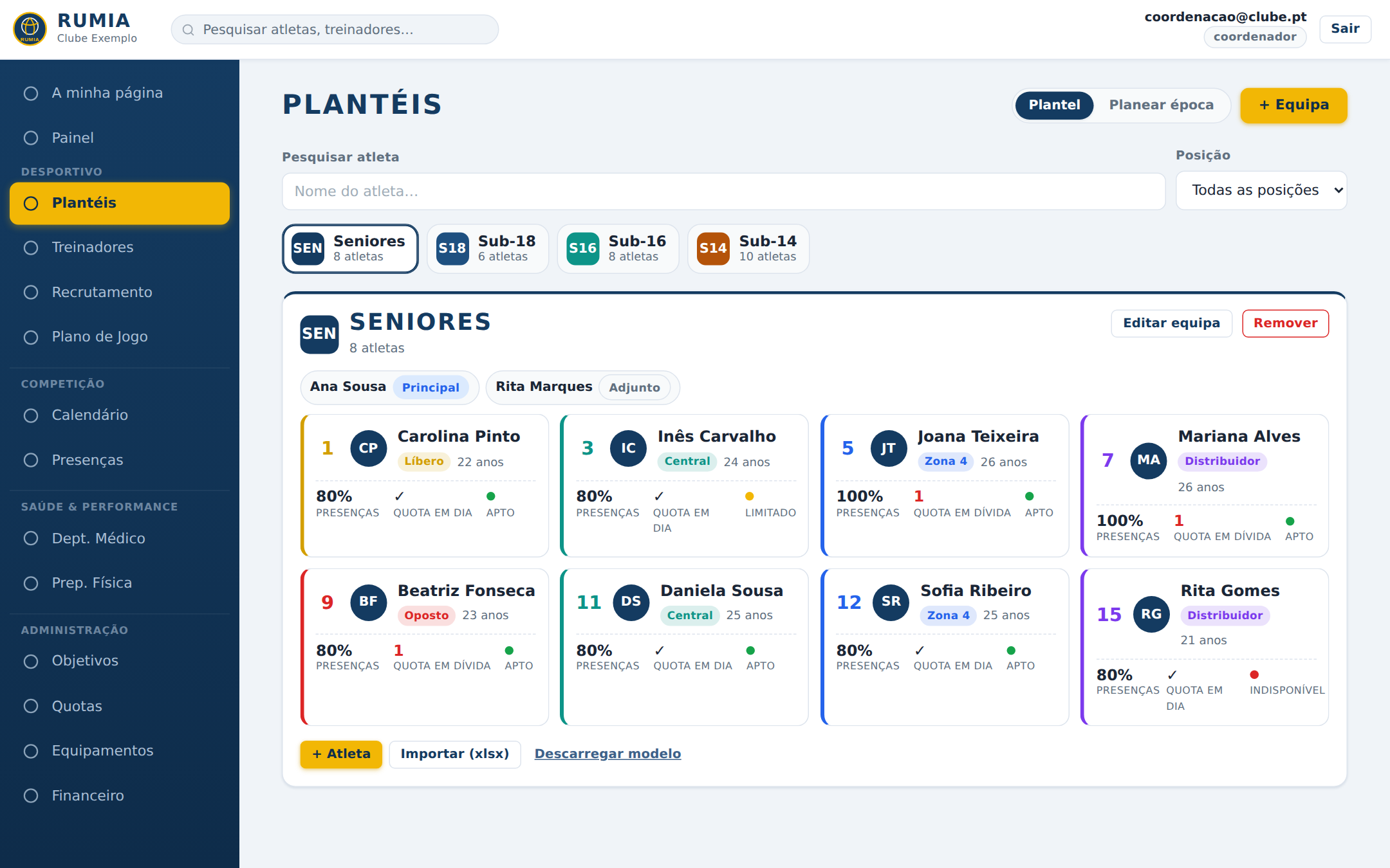 Ecrã de Plantéis: equipas por escalão e fichas de atleta com presenças, quotas e disponibilidade.